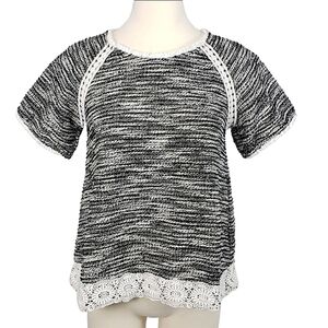 Eri + Ali Anthropologie Womens Lace Trim Popover Top S Black White Tweed Boho